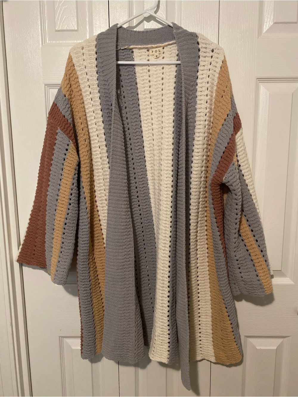 POL oversized Open-Front Striped Knit Cardigan - Gray/Cream/Tan/Rust